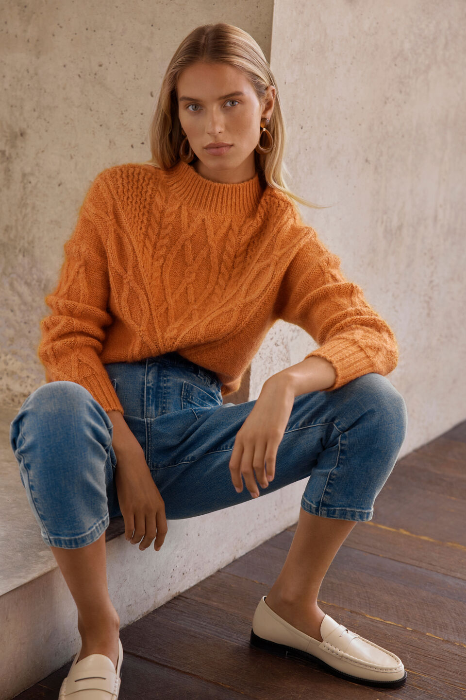 Cable Panelled Yoke Sweater  Dark Apricot