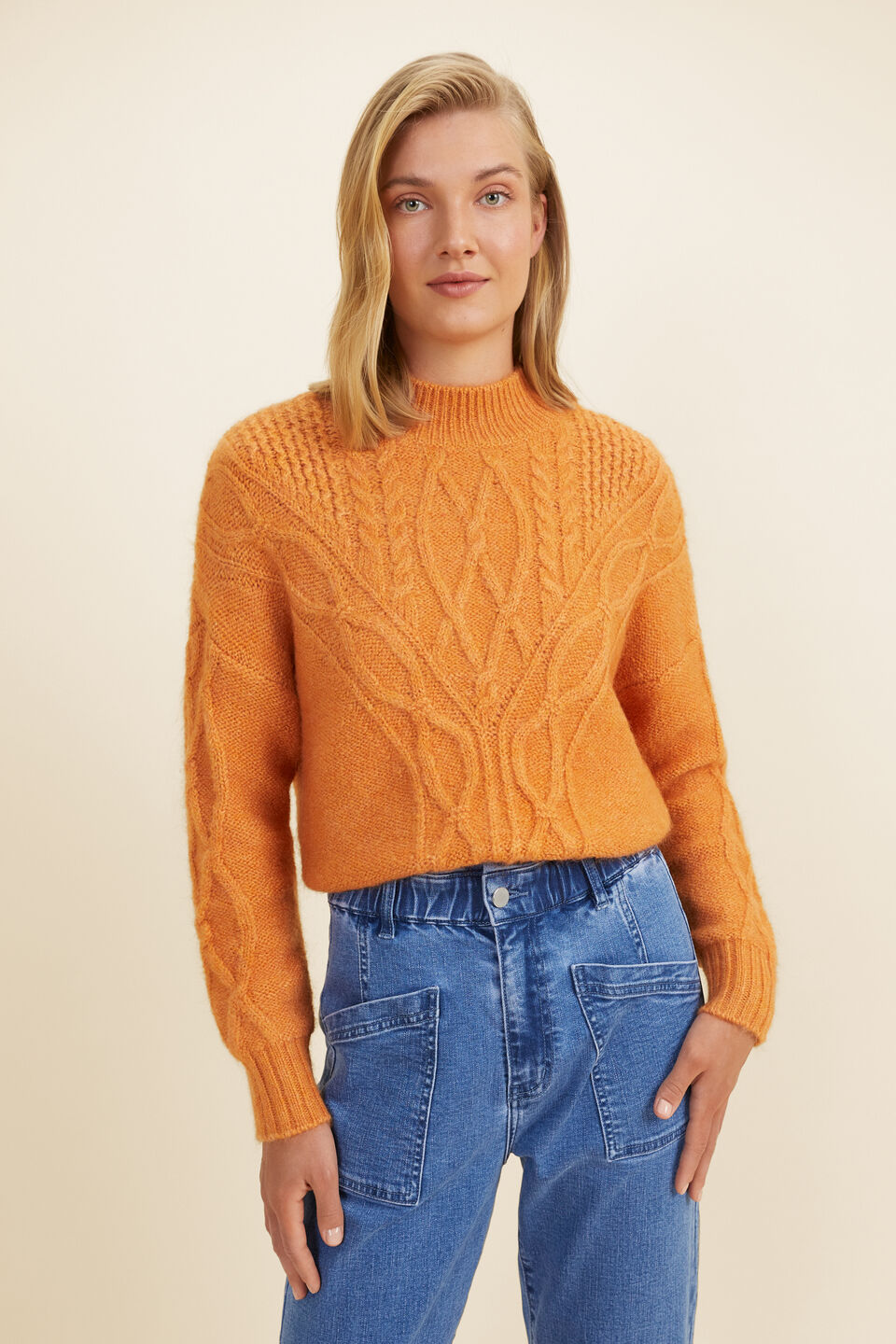 Cable Panelled Yoke Sweater  Dark Apricot