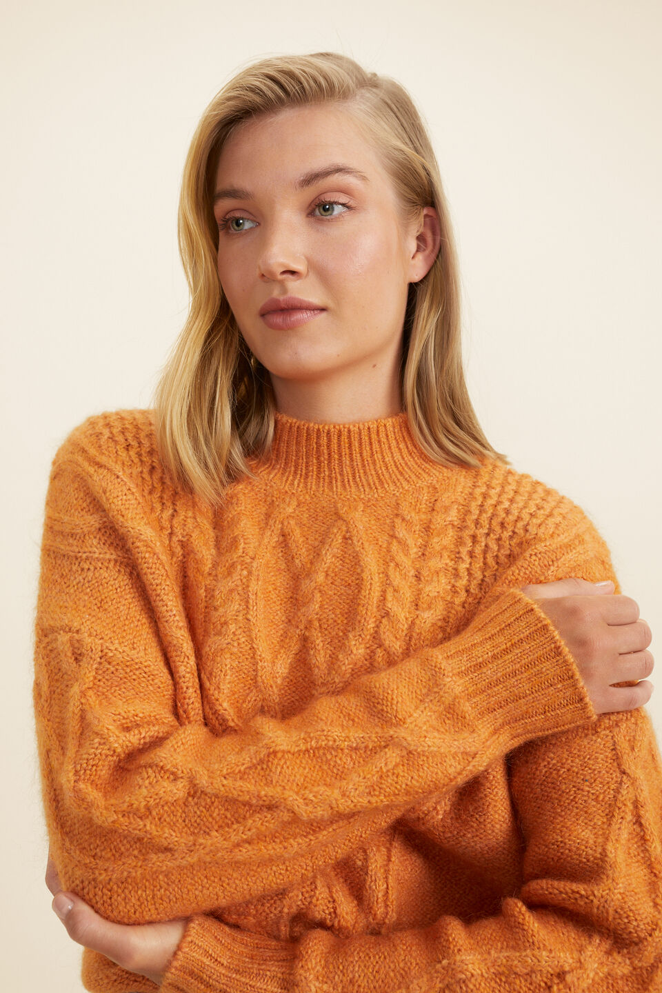Cable Panelled Yoke Sweater  Dark Apricot
