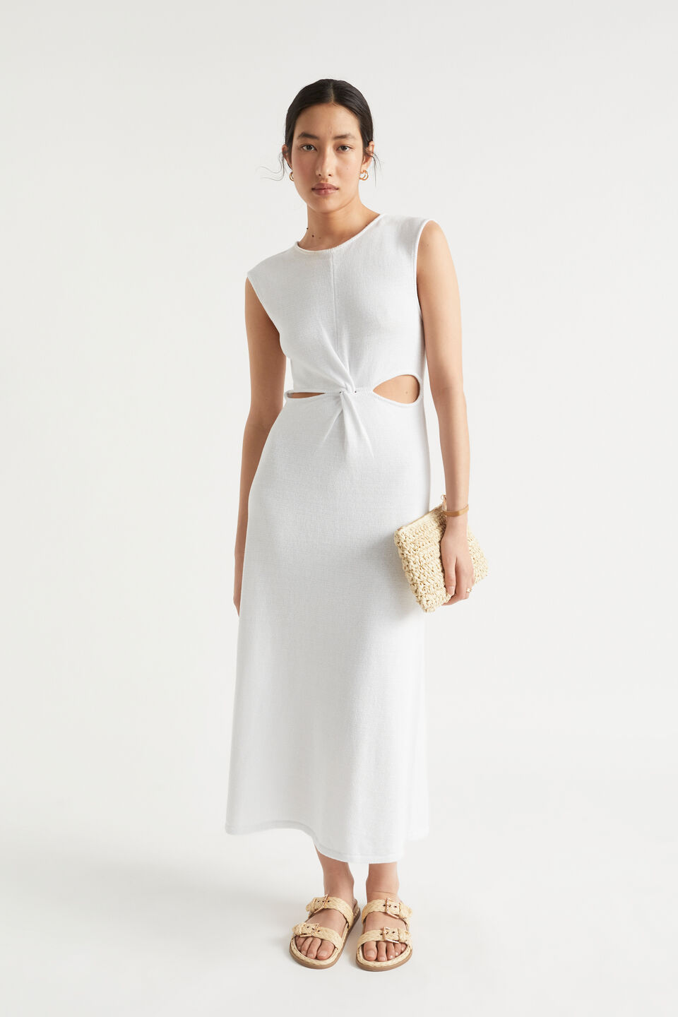 Knit Twist Front Midi Dress  Whisper White