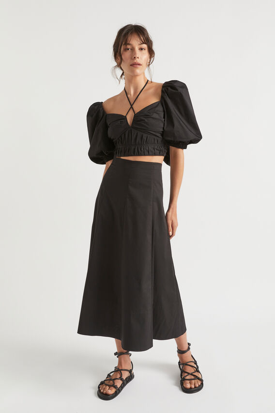 Sateen Panel Midi Skirt  Black  hi-res