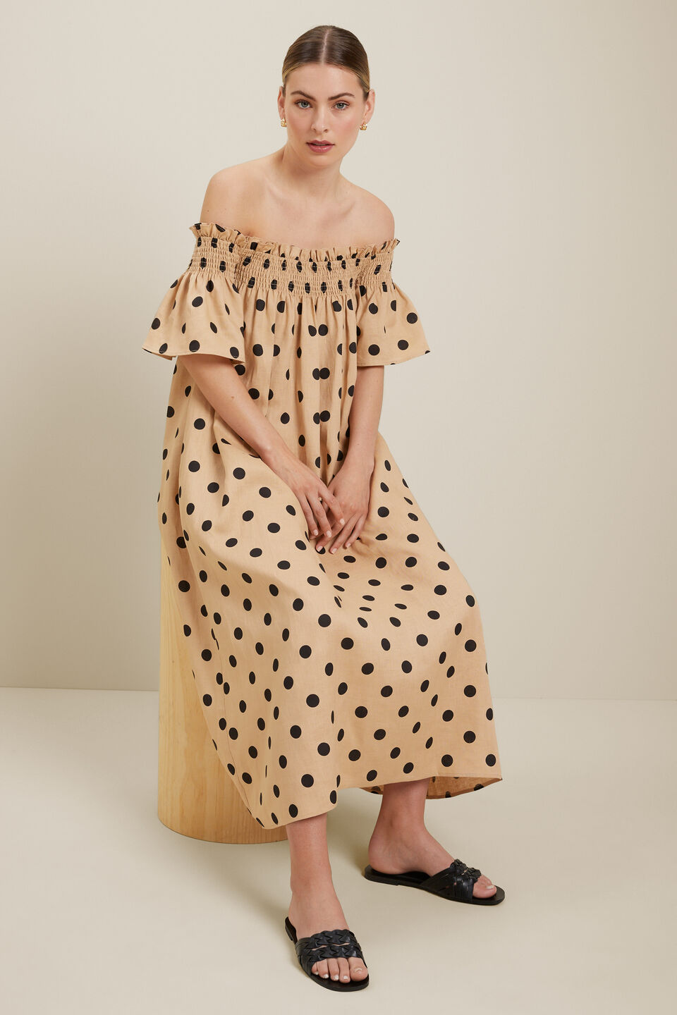 Spot Linen Maxi Dress  Neutral Sand Spot