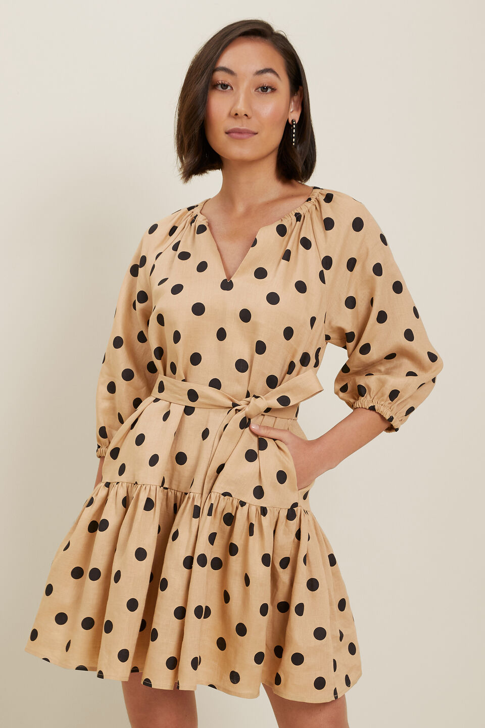 Spot Linen Mini Dress  Neutral Sand Spot
