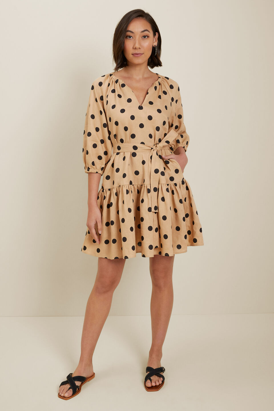 Spot Linen Mini Dress  Neutral Sand Spot