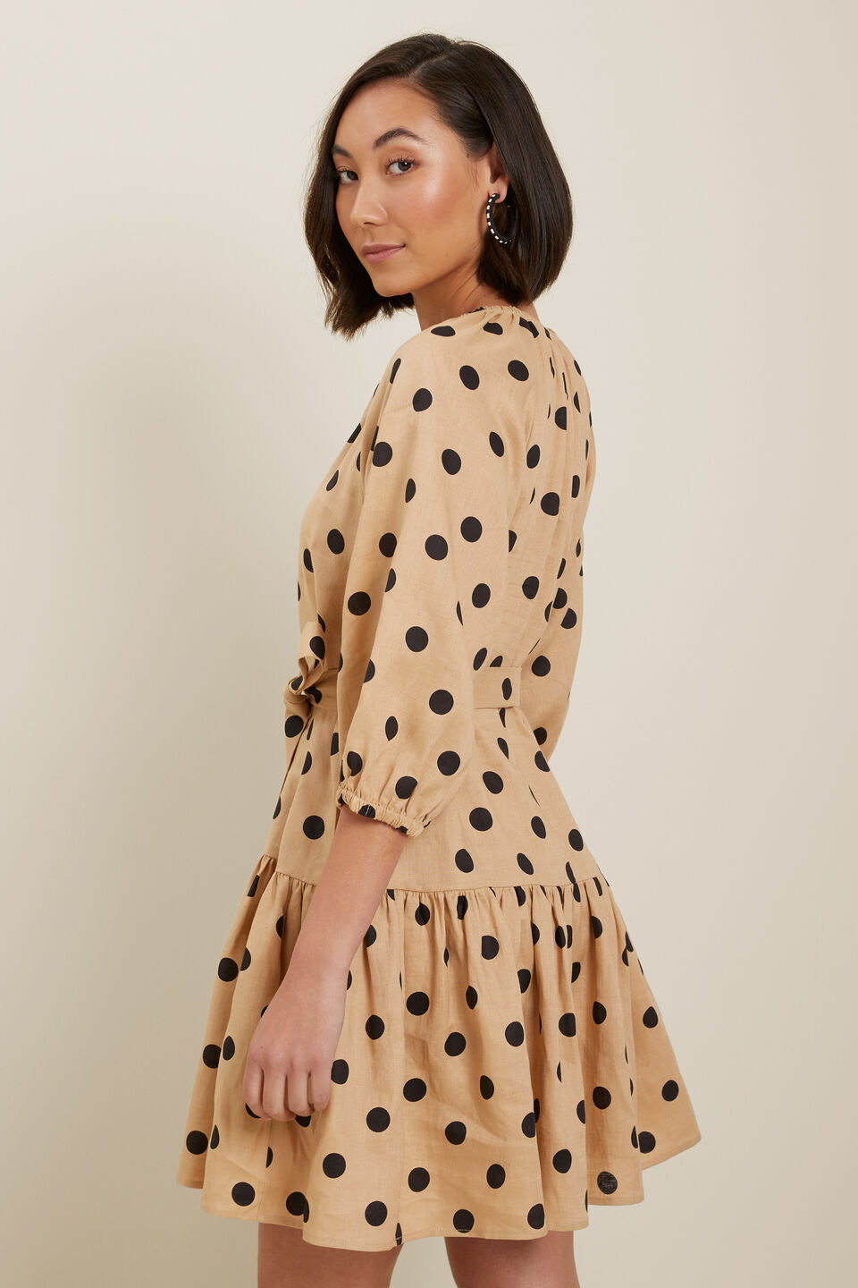 Spot Linen Mini Dress  Neutral Sand Spot