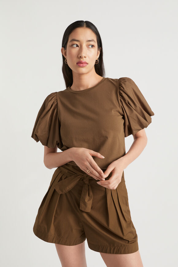 Poplin Balloon Sleeve Top  Pecan Brown  hi-res