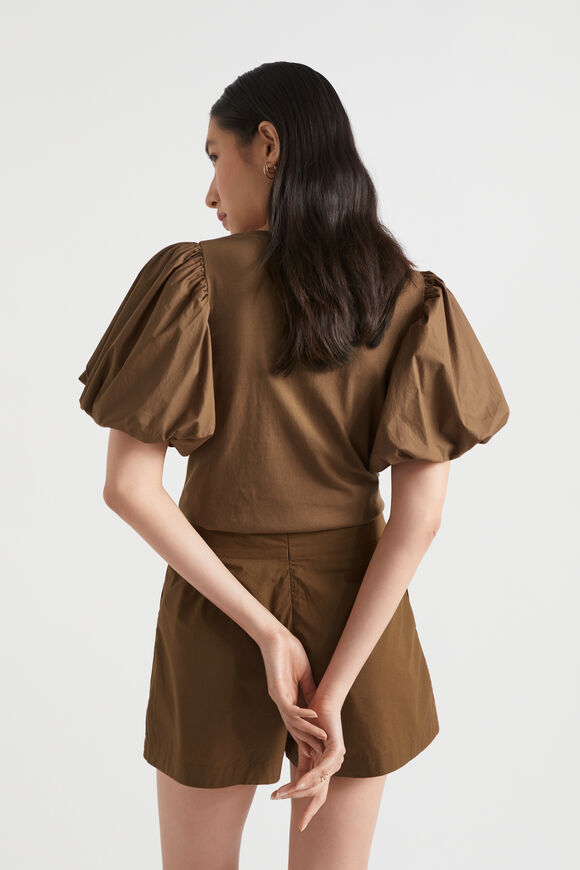 Poplin Balloon Sleeve Top  Pecan Brown  hi-res