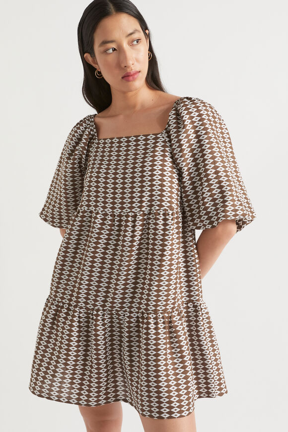 Linen Geo Mini Dress  Pecan Brown Geo  hi-res