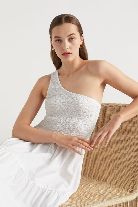 Poplin Shirred One Shoulder Maxi Dress  Whisper White  hi-res