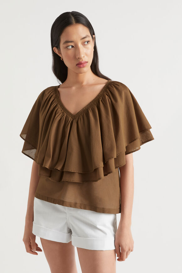 Voile Flutter Top  Pecan Brown  hi-res