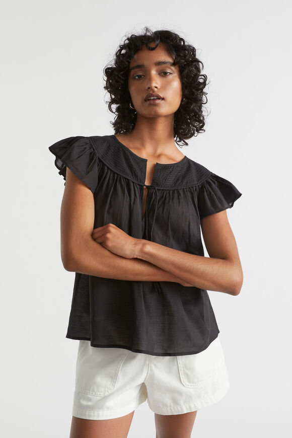 Voile Yoke Frill Sleeve Blouse  Black  hi-res