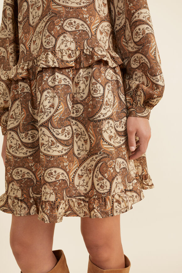 Paisley Ruffle Mini Dress   Burnt Caramel Paisley  hi-res