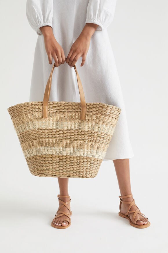 Textured Stripe Straw Tote  Natural Cream  hi-res