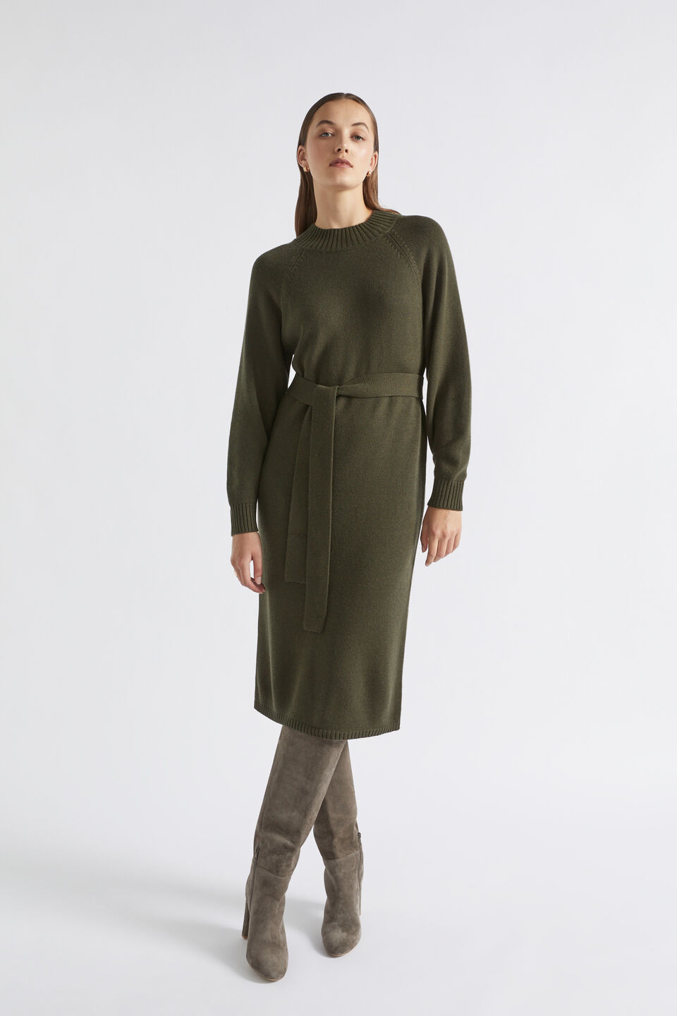 Tie Waist Midi Knit Dress  Dark Fern