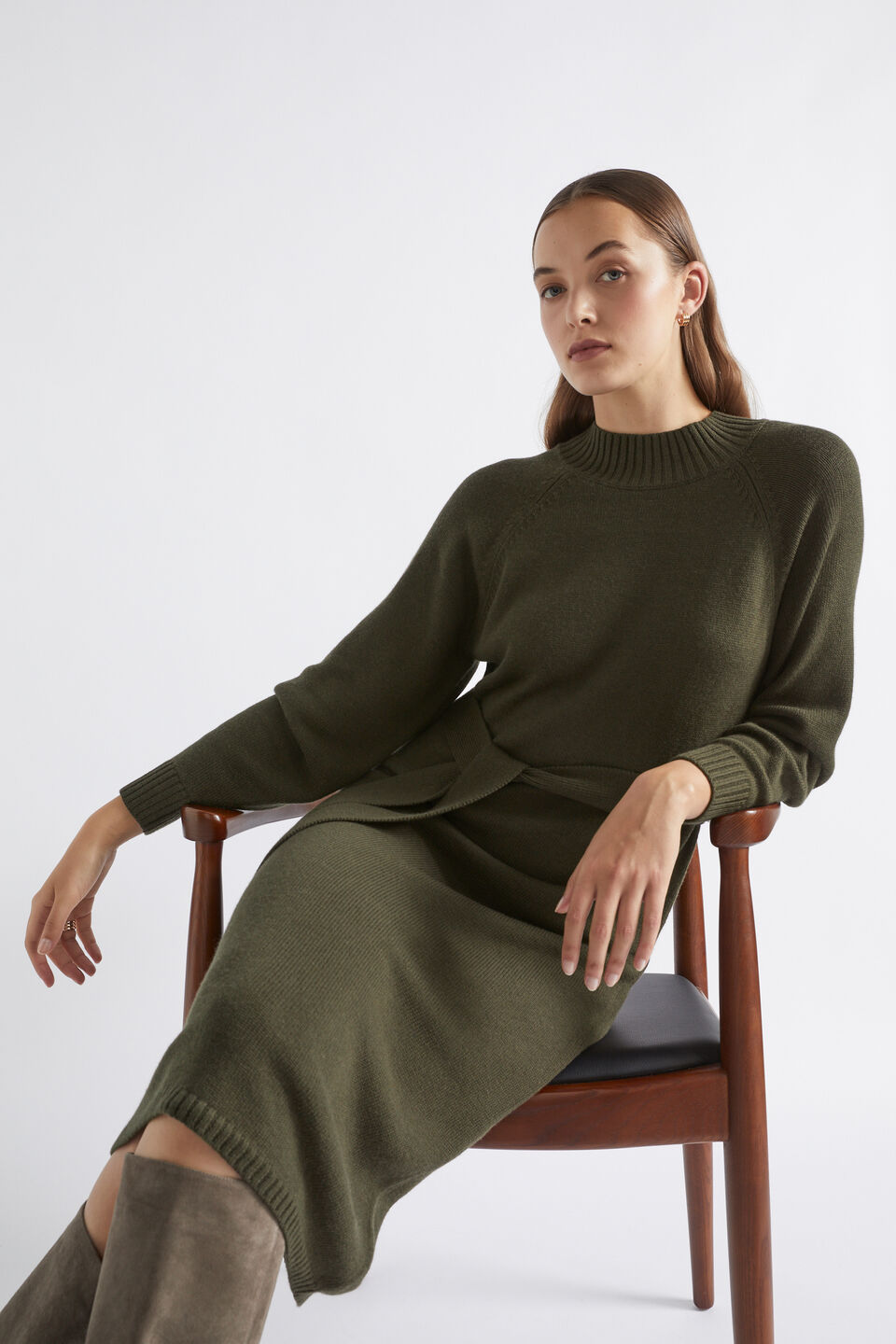 Tie Waist Midi Knit Dress  Dark Fern