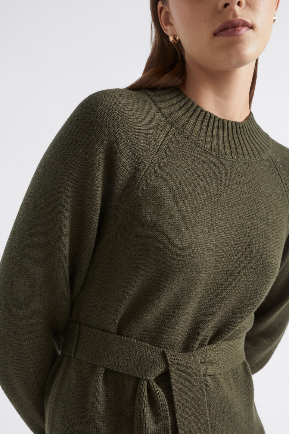 Tie Waist Midi Knit Dress  Dark Fern