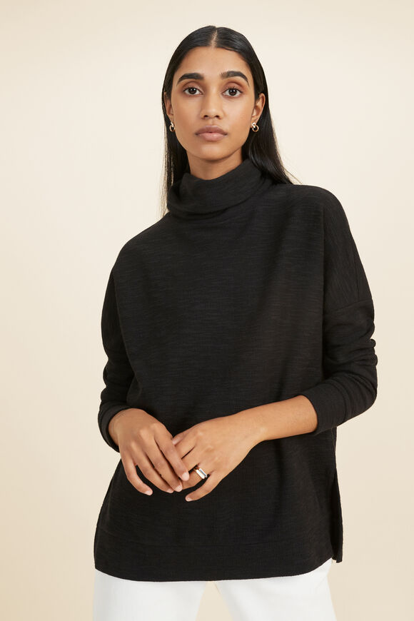 Roll Neck Textured Sweat   Black  hi-res