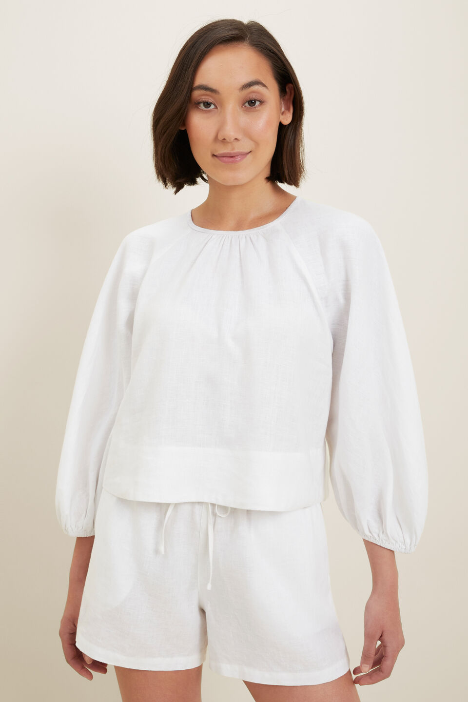 Linen Balloon Sleeve Top  Whisper White