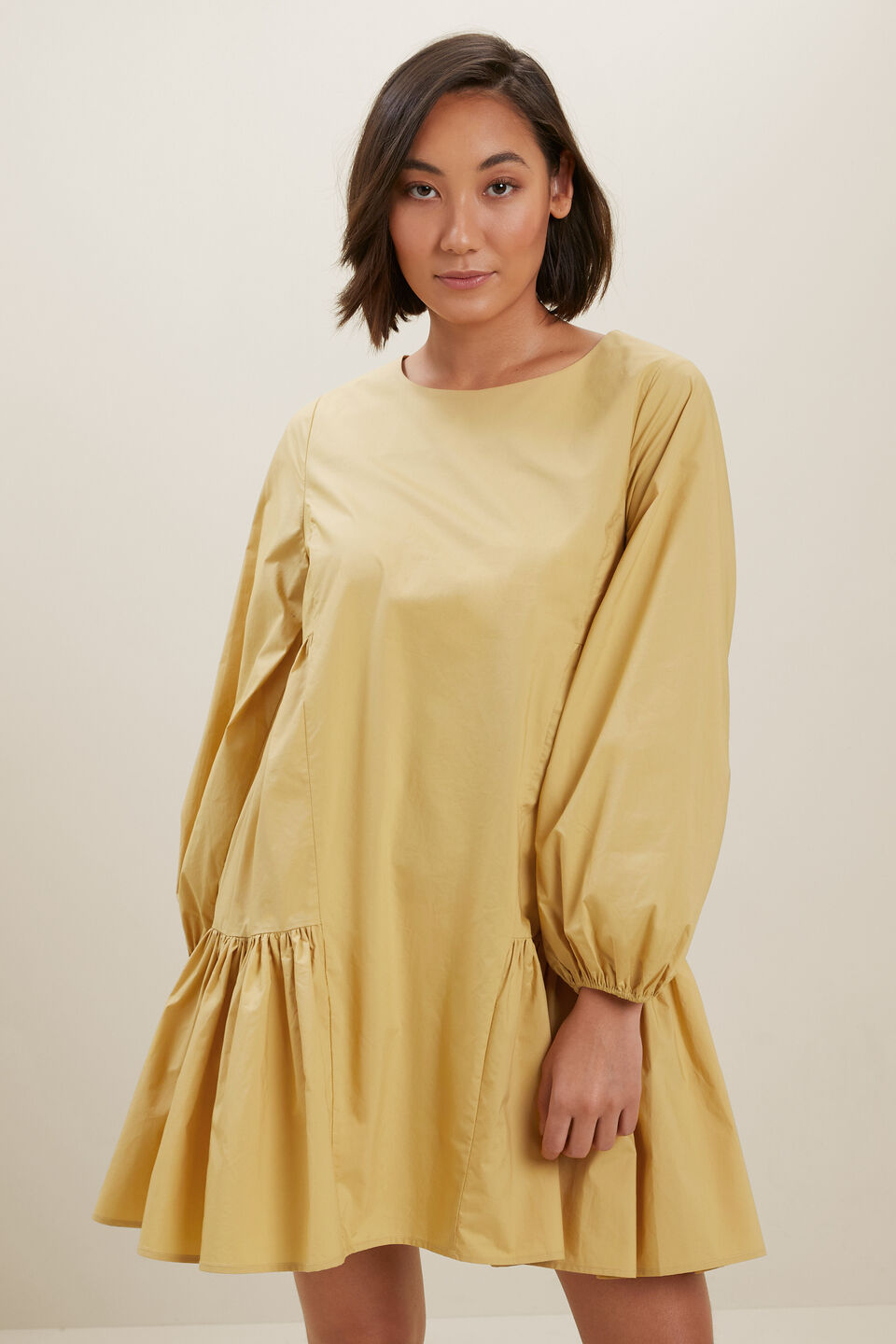 Poplin Frill Hem Dress  Fawn