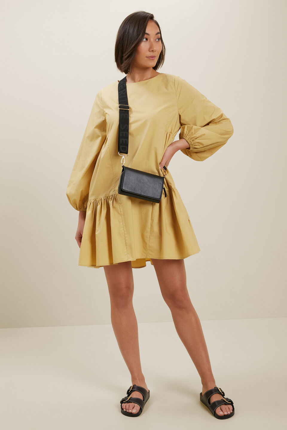 Poplin Frill Hem Dress  Fawn
