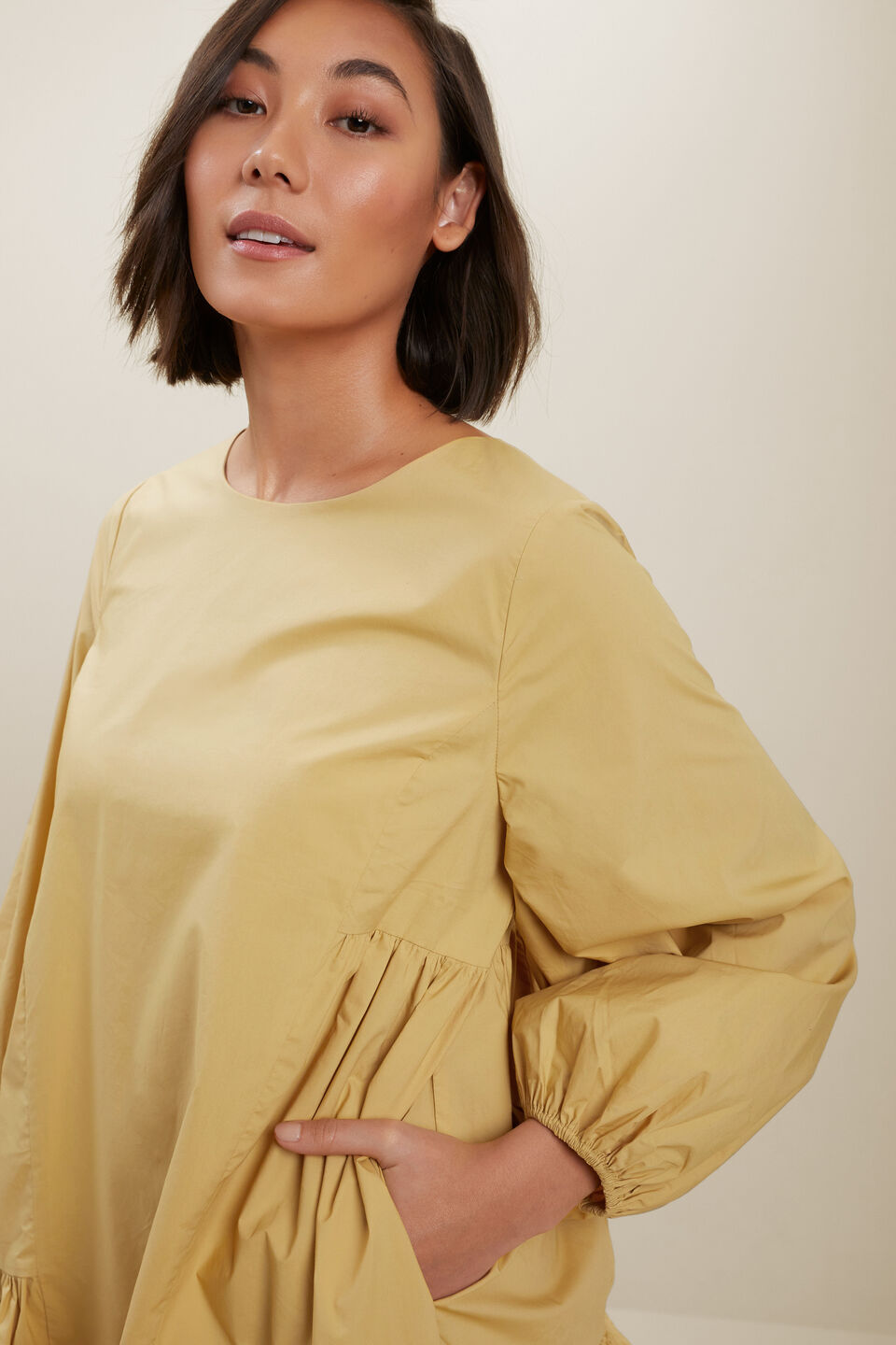 Poplin Frill Hem Dress  Fawn