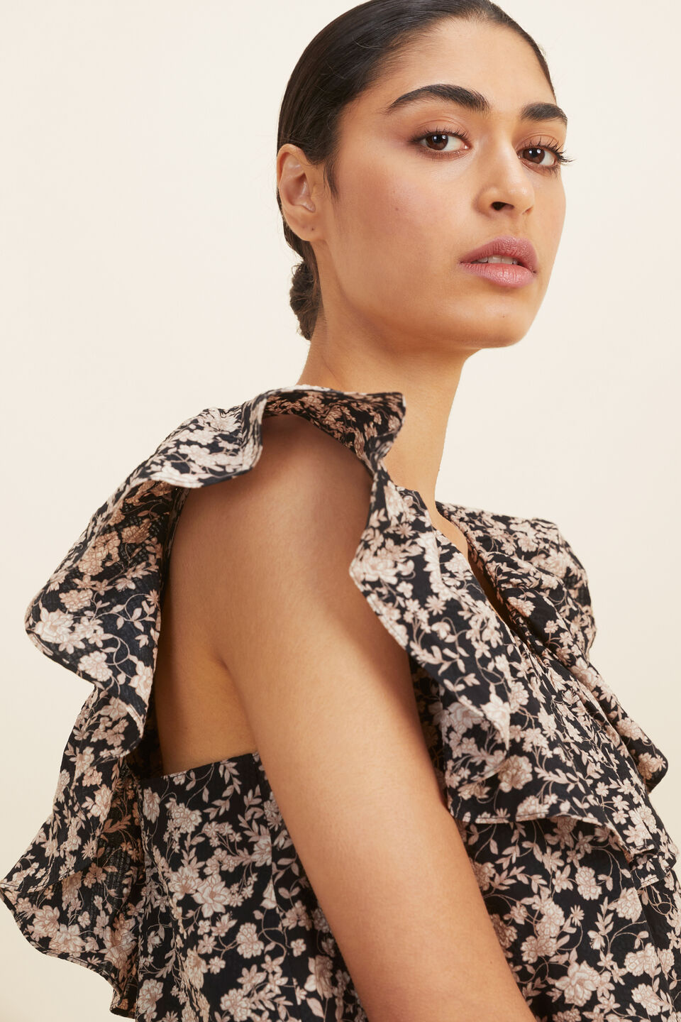 Floral Frill Sleeve Top  Neutral Floral