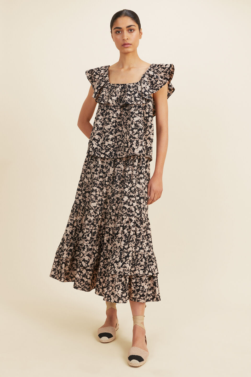 Floral Frill Sleeve Top  Neutral Floral