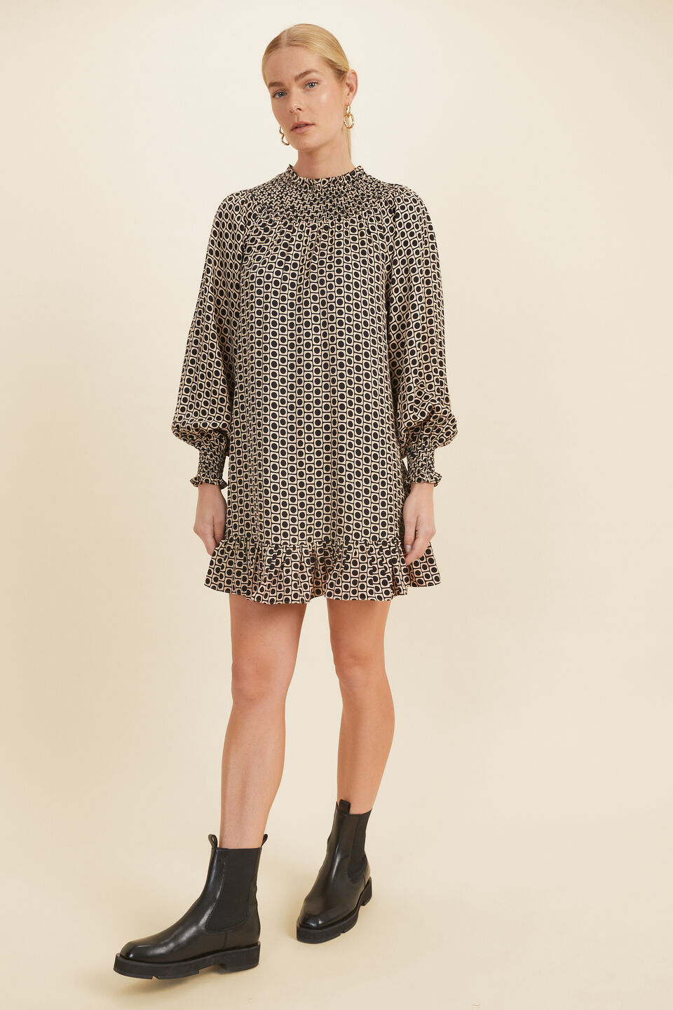 Geo Shirred Mini Dress  Geo
