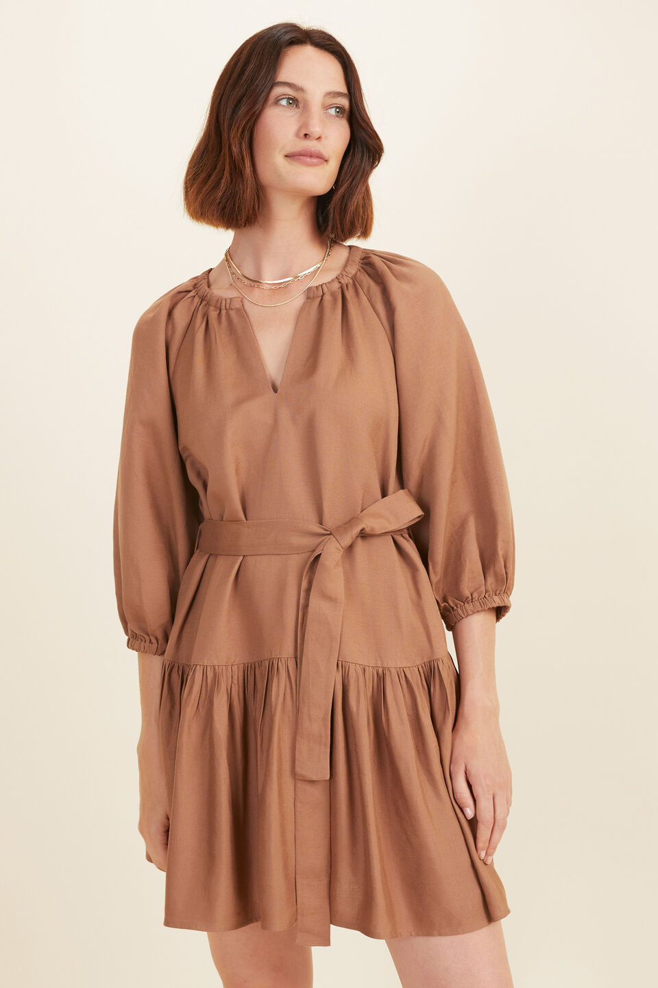 Tie Waist Mini Dress  Acorn Brown