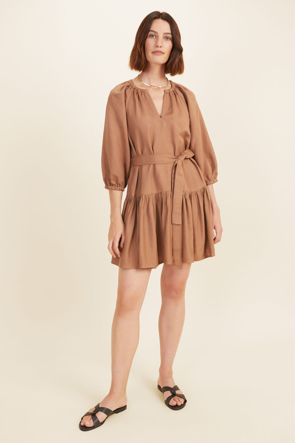 Tie Waist Mini Dress  Acorn Brown