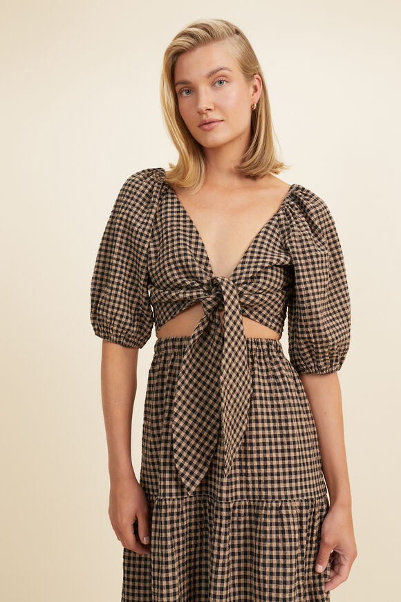 Gingham Tie Front Top  Deep Chai Gingham  hi-res
