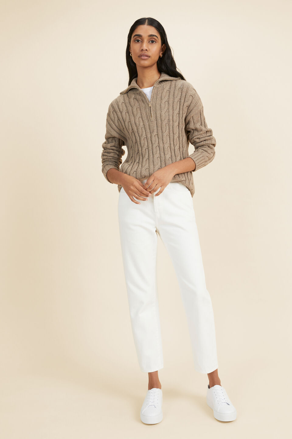 Cable Zip Through Sweater  Biscuit Marle