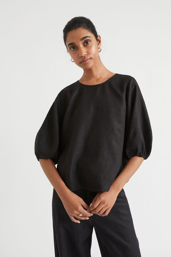 Core Linen Balloon Sleeve Top  Black  hi-res
