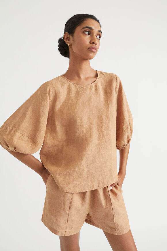 Core Linen Balloon Sleeve Top  Light Toffee Cross Dye  hi-res