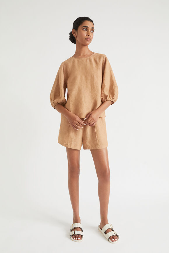 Core Linen Balloon Sleeve Top  Light Toffee Cross Dye  hi-res
