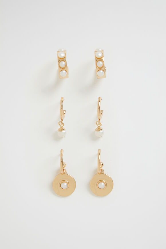 3 Pack Pearl Earrings  Gold  hi-res