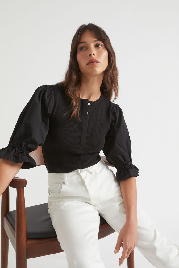 Poplin Sleeve Henley Top  Black  hi-res