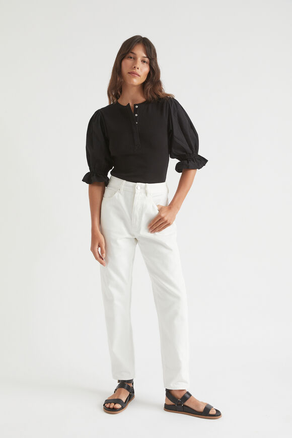 Poplin Sleeve Henley Top  Black  hi-res