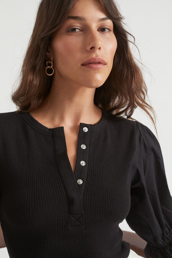 Poplin Sleeve Henley Top  Black  hi-res