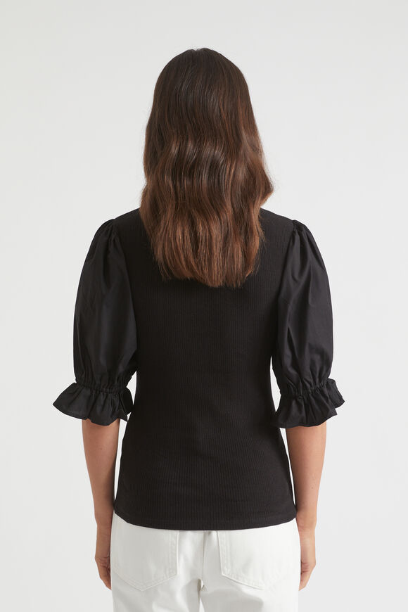 Poplin Sleeve Henley Top  Black  hi-res