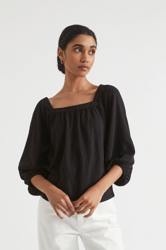 Square Neck Blouson Top  Black  hi-res