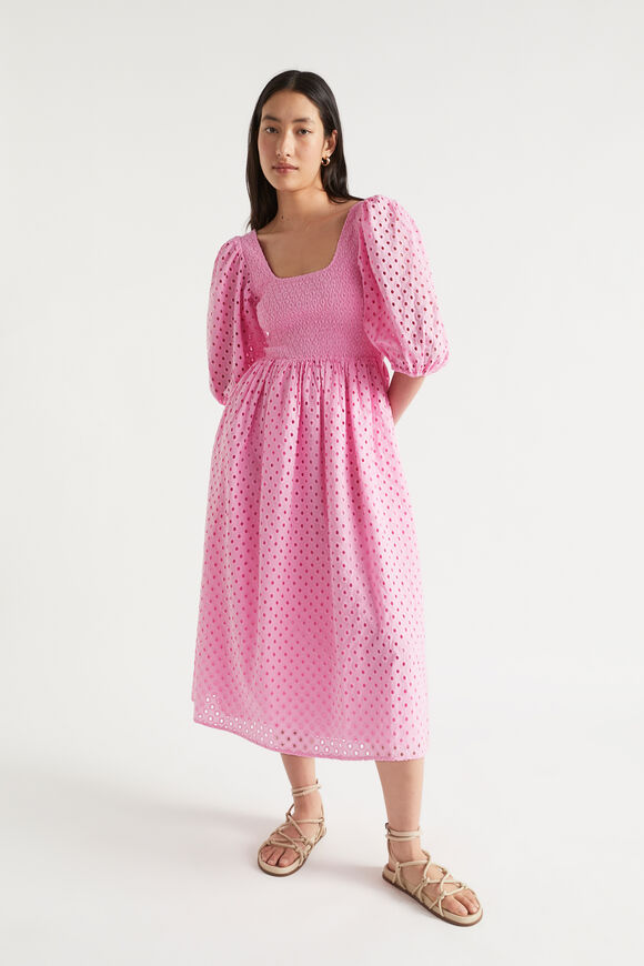 Broderie Shirred Midi Dress  Soft Orchid  hi-res