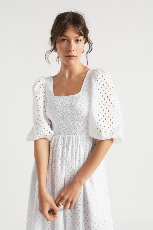 Broderie Shirred Midi Dress  Whisper White  hi-res