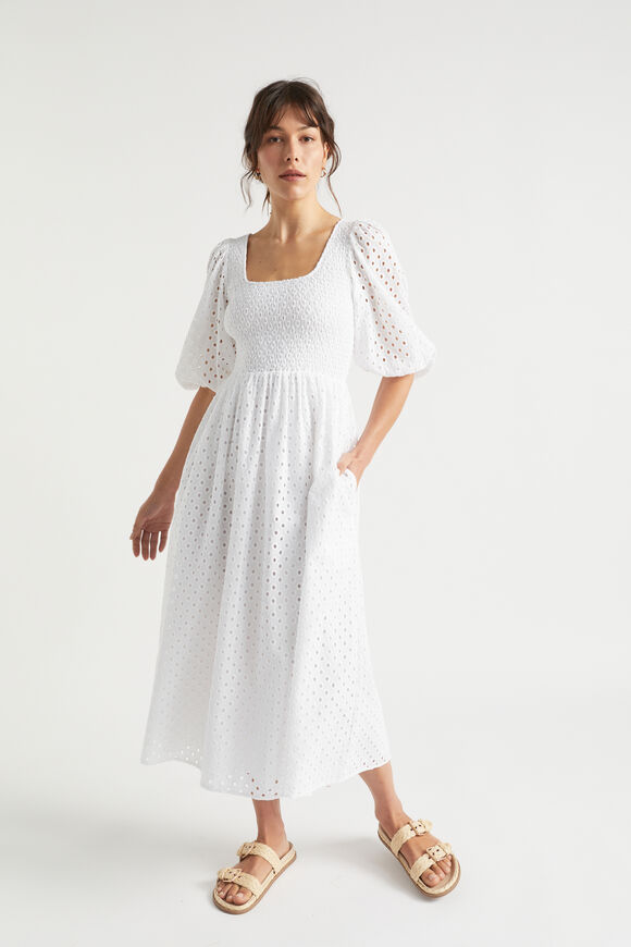 Broderie Shirred Midi Dress  Whisper White  hi-res