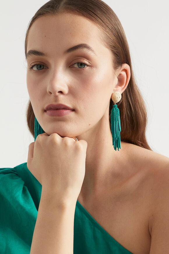 Seed Bead Tassel Earring  Deep Teal  hi-res