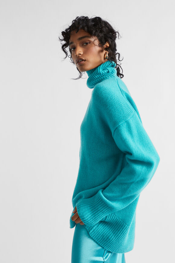 Merino Wool High Neck Knit  Peacock Blue  hi-res