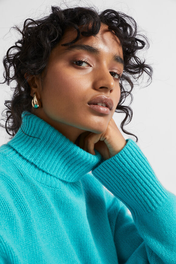 Merino Wool High Neck Knit  Peacock Blue  hi-res