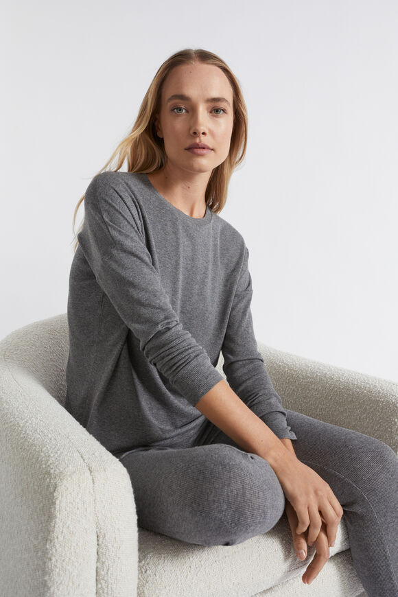 Cotton Rib Sleep Top  Charcoal Marle  hi-res