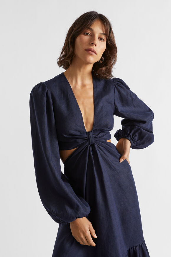 Linen Knot Front Midi Dress  Midnight Sky  hi-res