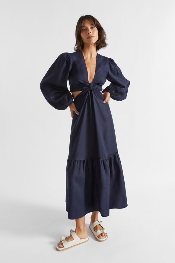 Linen Knot Front Midi Dress  Midnight Sky  hi-res